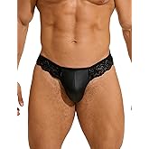 ohyeahlady Men's Thong Underwear Lace Sexy G-String Thong PU Faux Leather Pouch Trunks Sissy Panties Soft Briefs S-2XL
