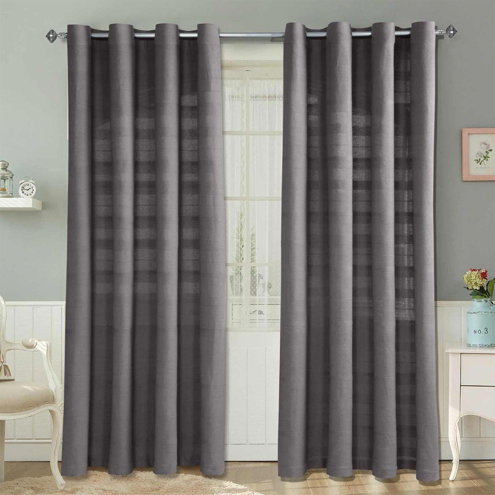 HOMESCAPES Charcoal Grey Rajput Eyelet Curtain Pair 167cm (66") Wide x 228cm (90") Drop 100% Cotton Ring Top Plain Curtains