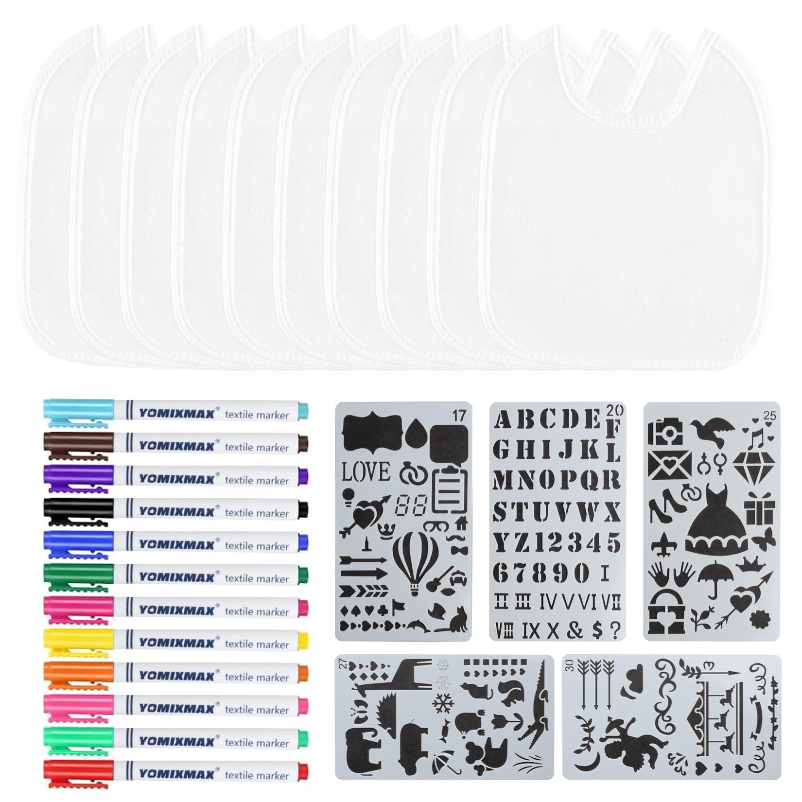 ALAHUGYEF 12 Pcs White Baby Bibs for Painting, DIY Bandana Dribble Bib, Cotton Teething Bib, Waterproof Drool Bibs, with 12 Doodle Pens and 5 Rulers, Baby Shower Party Gifts