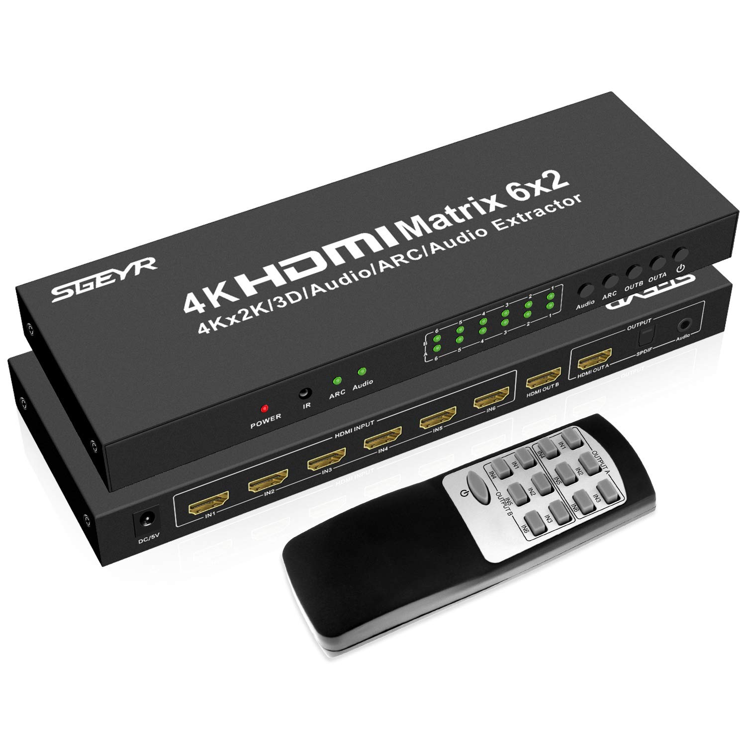 SGEYR HDMI Switch 6x2 6 Ports HDMI Matrix Splitter 4K True Matrix 6 In 2 Out with Optical SPDIF Toslink and 3.5mm Audio Extractor Support 4K@30Hz ARC 3D UHD 1080P for TV/Gaming Console
