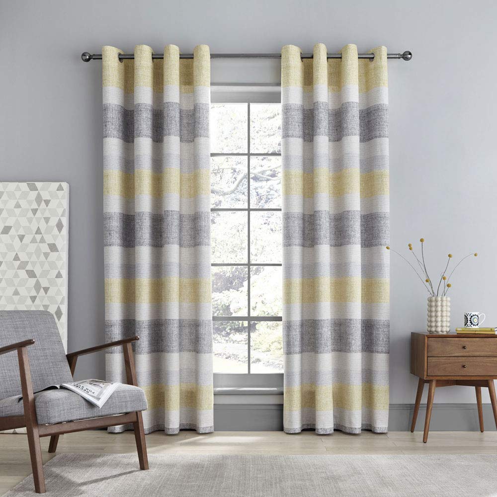 Catherine Lansfield Tallin Stripe 66 x 54 Inch Eyelet Curtain Pair Ochre