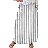 chouyatou Women's Vertical Striped High Waist Maxi Skirt Vintage Floral Cotton Long Skirt with Pockets