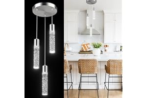 Esfos Pendant Lights Kitchen Island Brushed Nickel 3-Light 6500K, LED Island Lights for Kitchen with Modern Crystal Bubble Glass, Pendant Lighting Hanging Light Fixture, Pendant Light Fixtures
