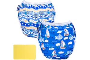 EZ Moms Baby Swim Diapers Reusable 2Pcs Large Size Snap Adjustable Washable One Size Toddler Swim Diaper with a Shammy Towel for Baby Boy Water Diaper Waterproof Swimming Diapers for Swimming Lessons