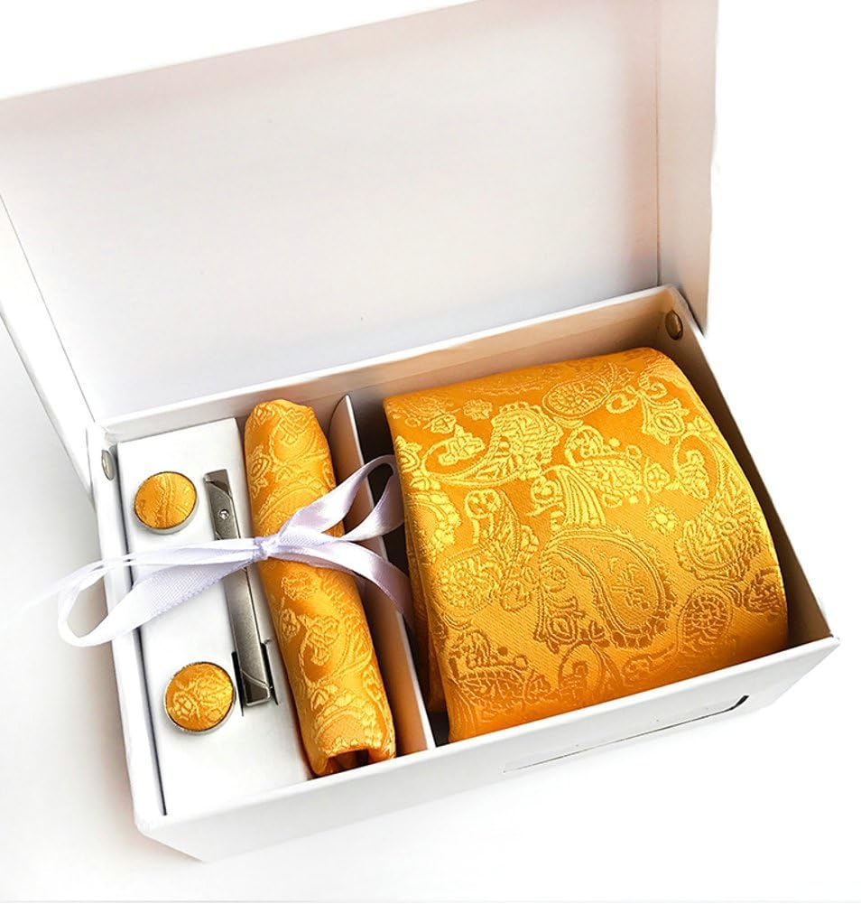 Ouvin Men's Colourful Paisley Design Polyester Silk Neck Tie with cufflinks, tie clip & handkerchief Gift Box Set