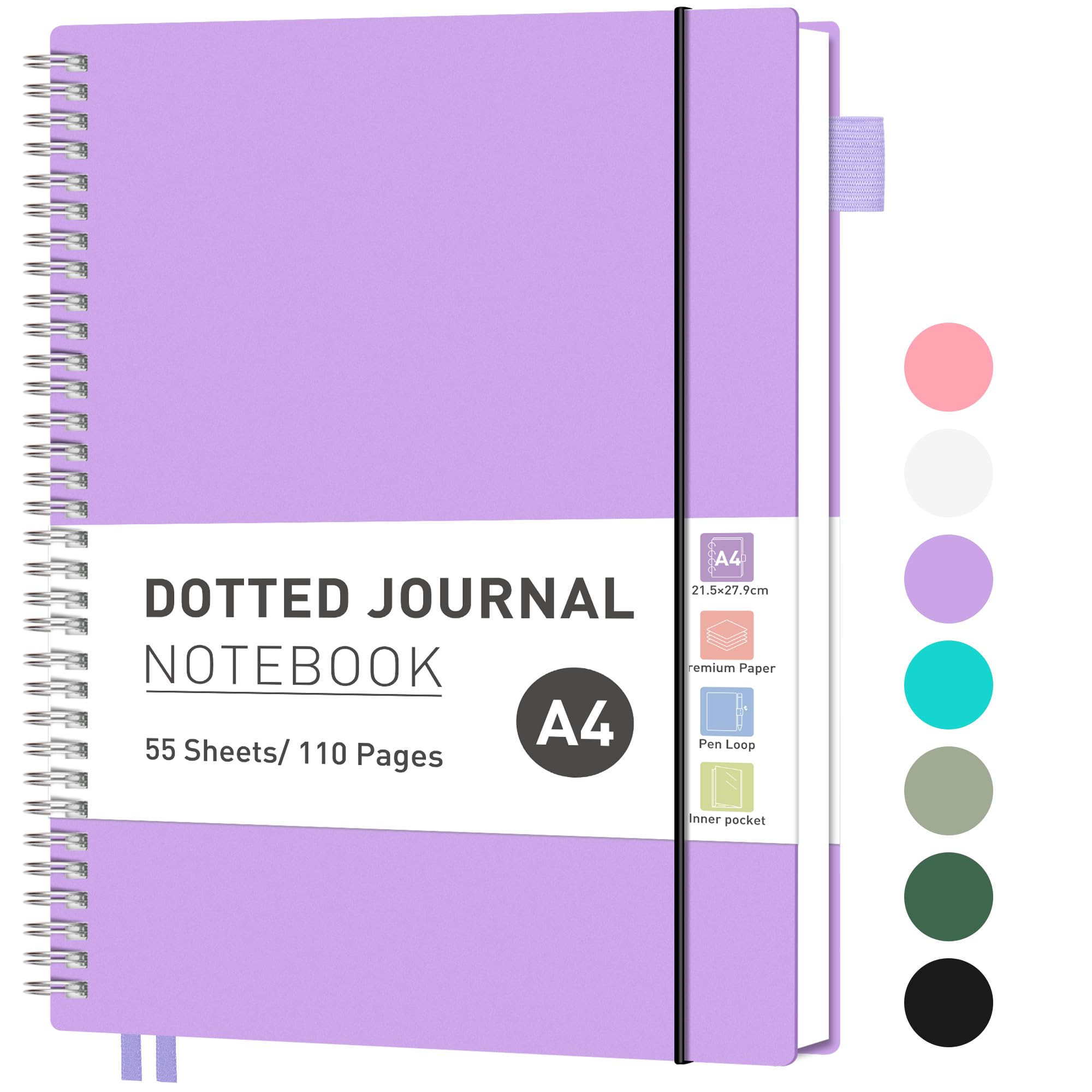 RETTACY A4 Notebook Bullet Dot Journal, Grid Dotted Notebook 110Pages /55 Sheets for Writing,Notepad with PVC Pocket, Pen Loop, Ruler, Bookmark for Women Men Work Office School, 21.5 x 27.9cm- Lilac