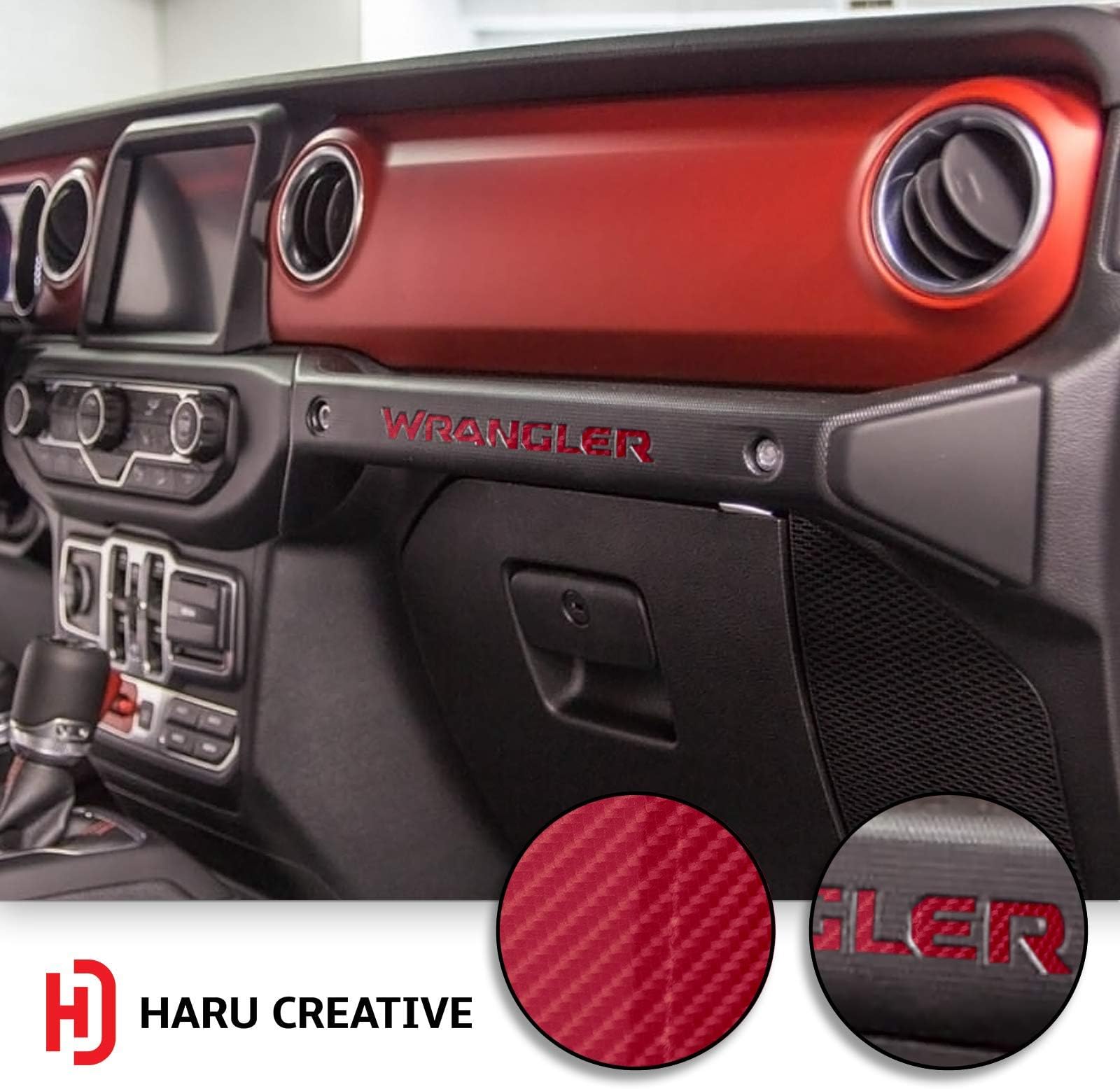 Haru Creative - Glove Box Dashboard Letter Insert Overlay Decal Compatible with and Fits Jeep Wrangler JL 2018-6D High Gloss Carbon Fiber Red