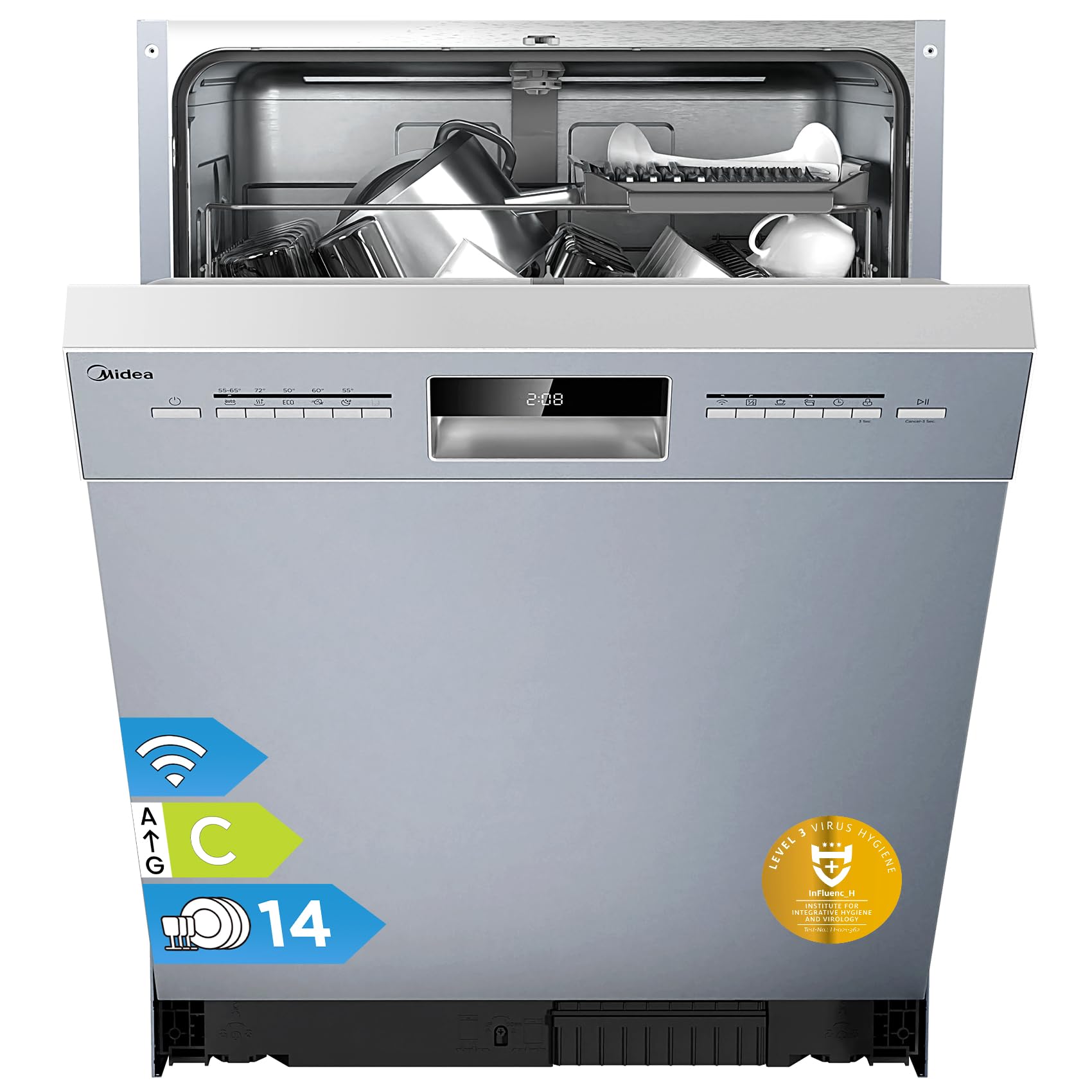Midea SU 5.35X14CS Geschirrspüler Unterbau, 14 MGD, Spülmaschine 60 cm, Home Connect, Hygienepflege+, Maschinenpflege+, Extra Trocknung, Halbe Beladung, 44 db, Startverzögerung, Edelstahl