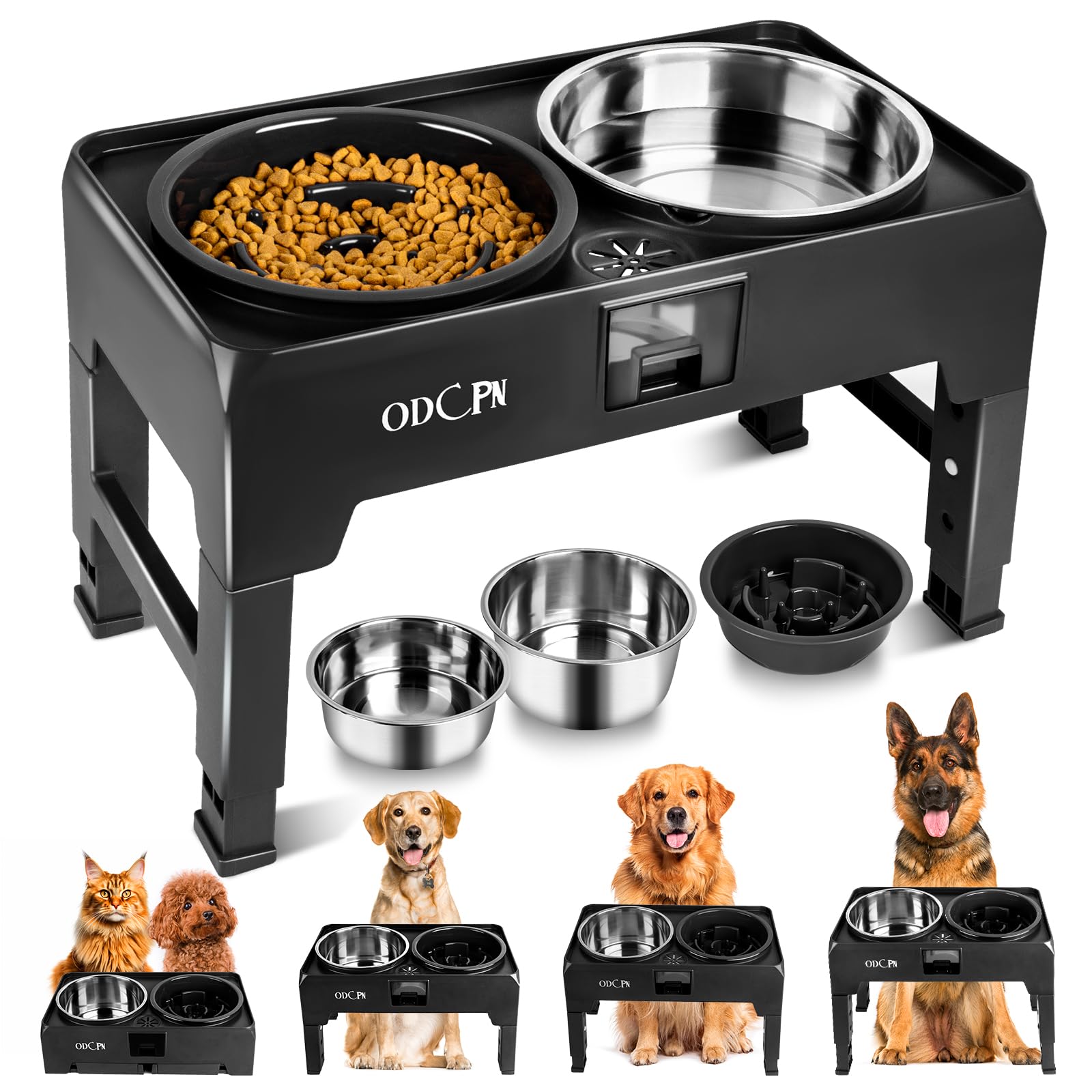 Photo 1 of Elevated Dog Bowls, Dog Feeder with 2 Stainless Steel Bowls & 1 Slow Feeder Bowls, 6 Heights Adjustable Raised for Medium Large Dogs, Non-Slip Dog Food Stand & Catchment Drawer Design