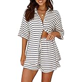 Tankaneo Womens Striped 2 Piece Sets Short Sleeve Button Down Shirt and Shorts Waffle Knit Pajama Lounge Set Summer Outfits