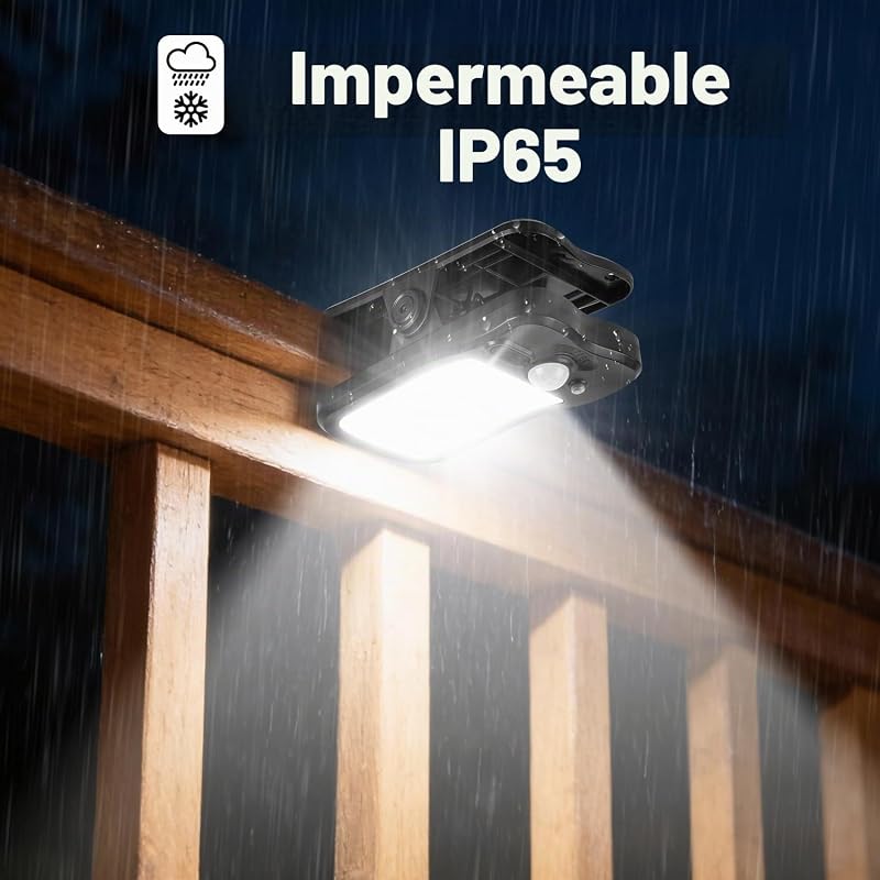 Luz Solar Exterior con Pinza - Lámparas Solares con Sensor de Movimiento 800LM Foco Solar 3 Modos & 3 Colores Luces Solares con USB y Control Remoto Impermeable para Valla Jardines (4 Piezas) — foto 6 de 8