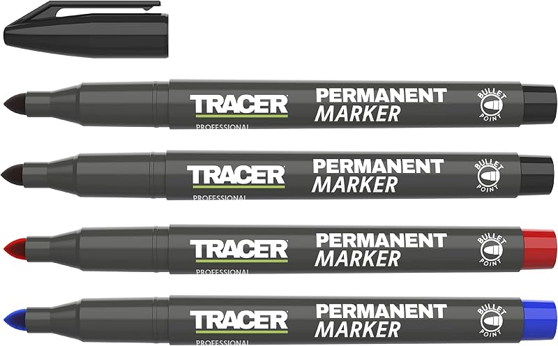 Tracer Permanent Marker Kit 1-2mm Bullet Point 4‑Marker Set Black Red Blue