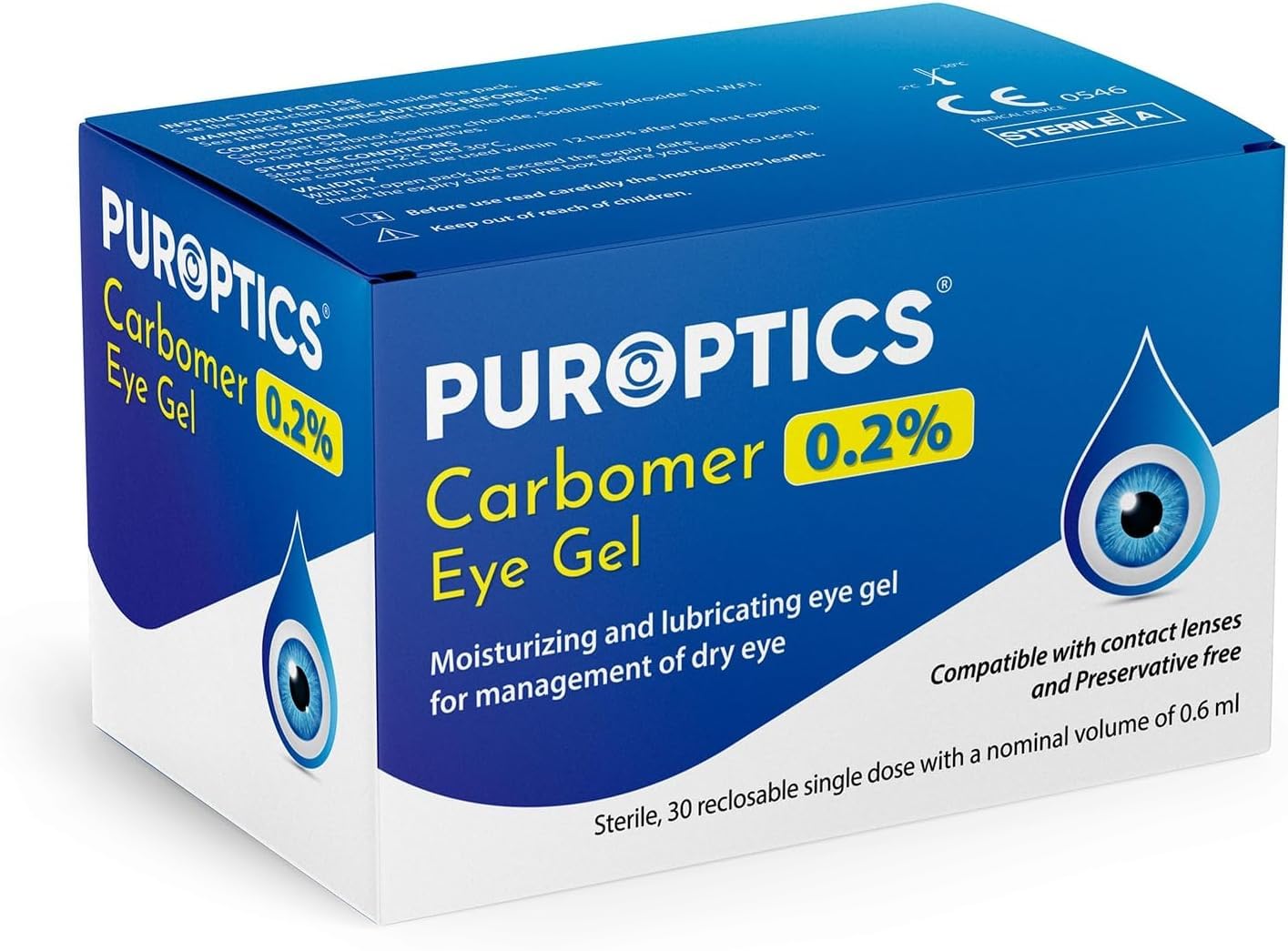 Puroptics Carbomer Eye Gel 0.2% in Single Dose Vial Protects The Cornea Against The Drying Out, Quick Acute Aid for The Dry Eyes, Preservative Free (30 Vials, 2, Count)