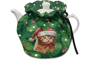 Eheartsgir Christmas Tree Cat Tea Cosy Insulated Tea Pot Dust Cover with Drawstring to Keep Tea Warm Teapot Cozy Breakfast Warmer Fitted Most Tea Pots Christmas Decor