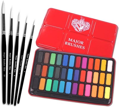 Major Brushes White Sable Round Brush Set & Watercolour Paint Tin 36 Blocks