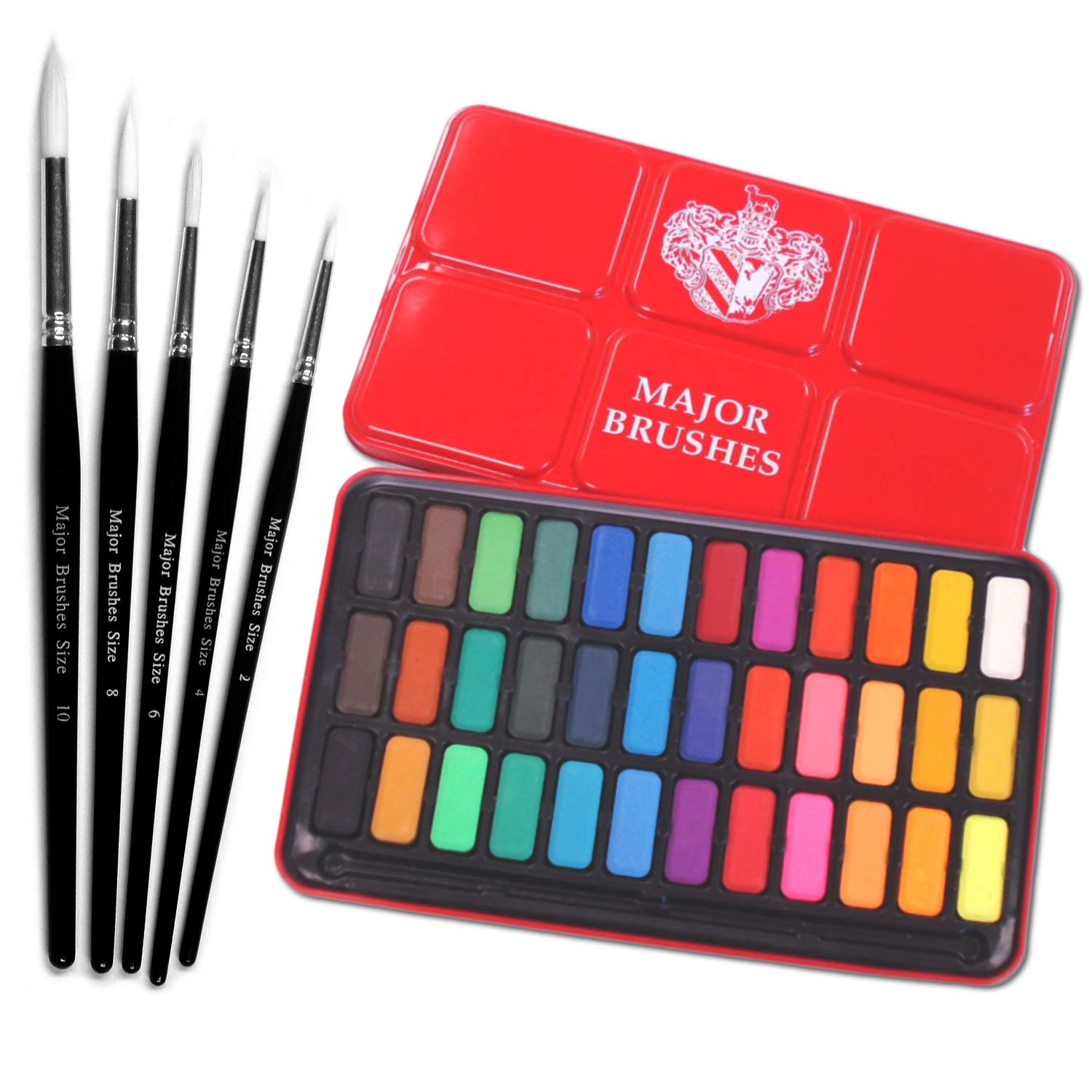 Major Brushes White Sable Round Brush Set of 5 Plus Artist Watercolour Paint Tin 36 Blocks Red Metal Lid