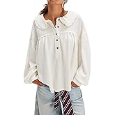 Cjfdfy Women's Oversized Waffle Knit Top Peter Pan Collar Shirt Long Sleeve Button Up Blouse Loose Fit Fall Winter Casual