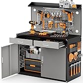 Rumetol 65" Heavy Duty Garage Workbench with Storage Drawers &amp; Pegboard,2000lbs Capacity Metal Work Bench with Lockable Magnetic Cabinets,Adjustable LED Light for Workshop/Garage
