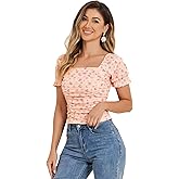 Allegra K Smocked Crop Top for Women's Slim Fit Floral Peasant Blouse