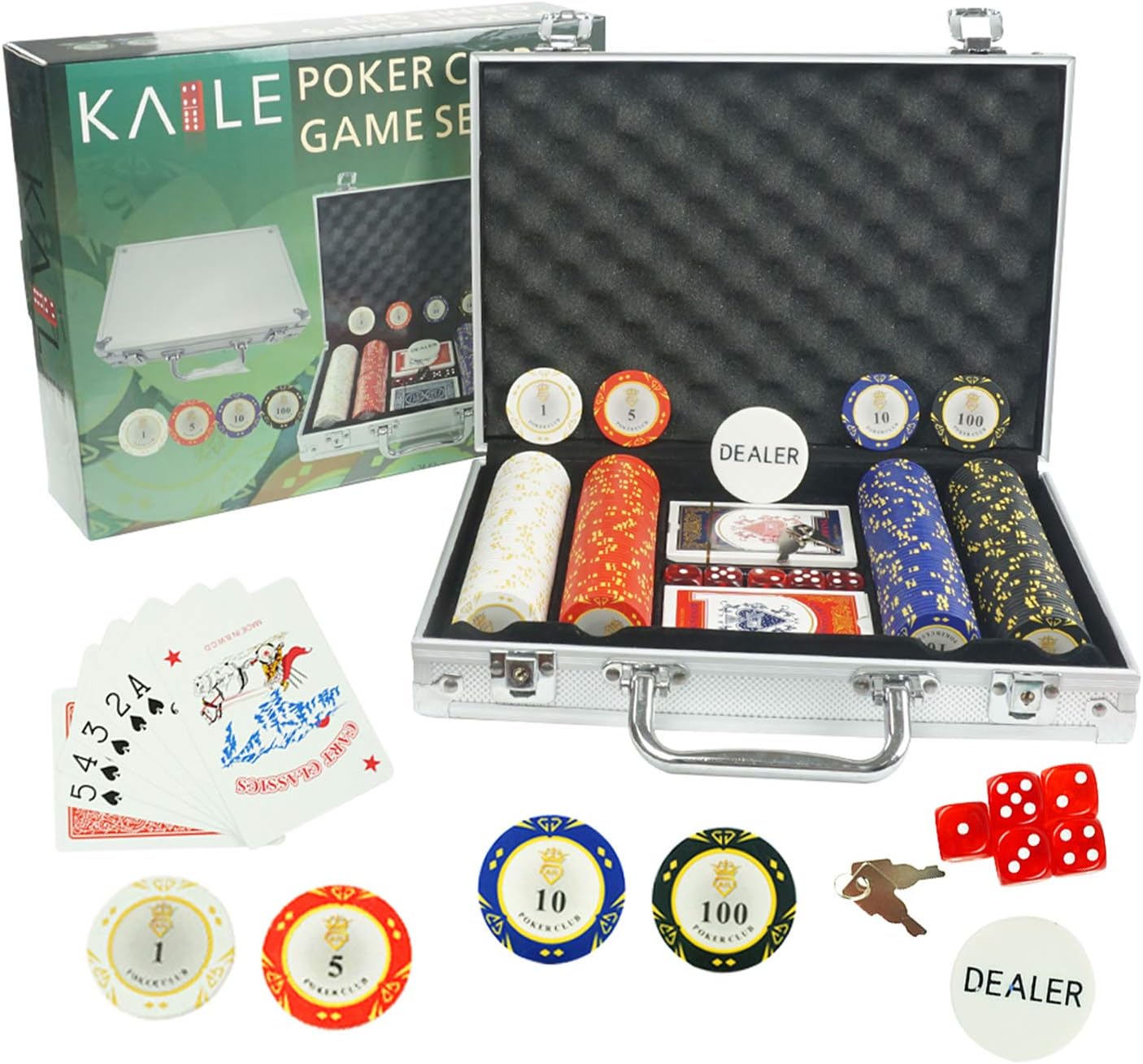 Amazon Com Kaile 14 Gram Poker Chips Set For Texas Holdem Blackjack Gambling With Carrying Aluminum Case Cards Buttons And 200 Dice Style Casino Clay Chips Sports Outdoors