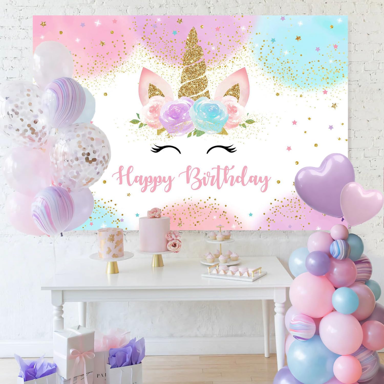 Mocsicka Unicorn Birthday Decorations Backdrop for Girls Party 5x3ft Pastel Rainbow Glitter Stars Dots Happy Birthday Banner Photo Booth Props