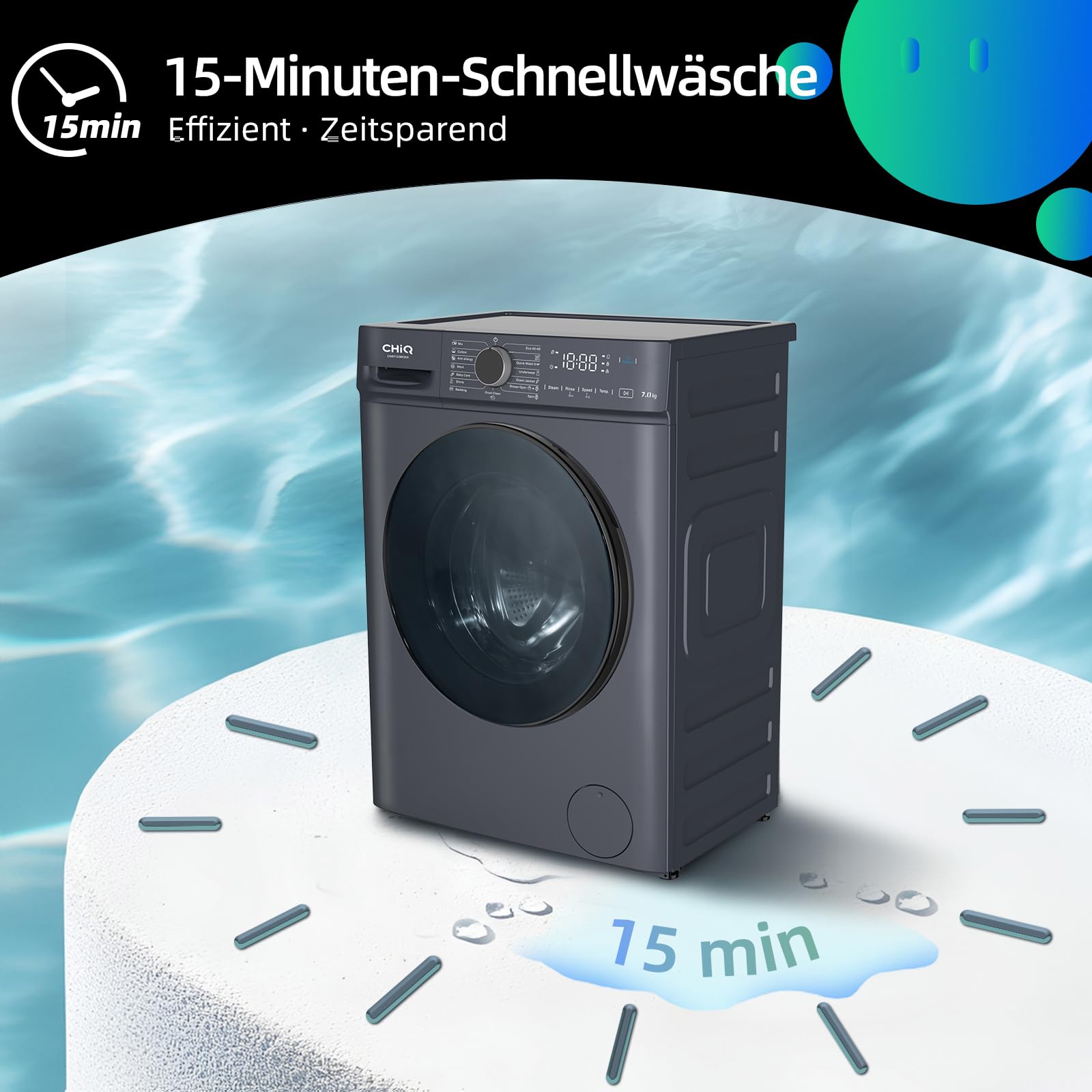 CHiQ Waschmaschine 7kg, InverterMotor, EEK A| 60x46,5x84cm, Große Tür| Eco, Speed Wash, Auto Clean, Kindersicherung|1200 U/Min, Washer Grau, CW07123863AX 8