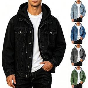Rtdyvyuhb Denim Jacket Men With Hood Long Sleeve Button Down Loose Fit Coat | Men Hooded Denim Jacket Long Sleeve Button Fron