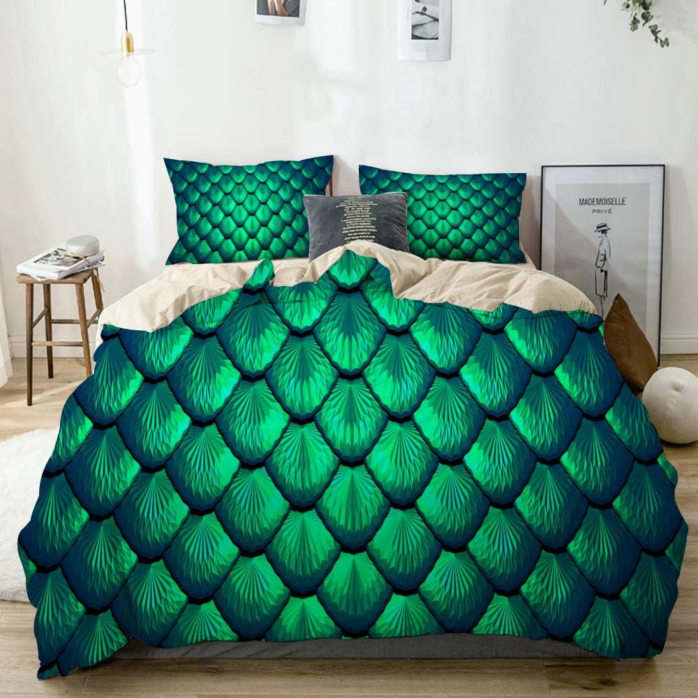 JOSENI Duvet Cover Set Blue Green Scales of a Mermaid or a Dragon Background 3D Beige Decorative 3 Piece Bedding Set with 2 Pillow Shams Queen Size