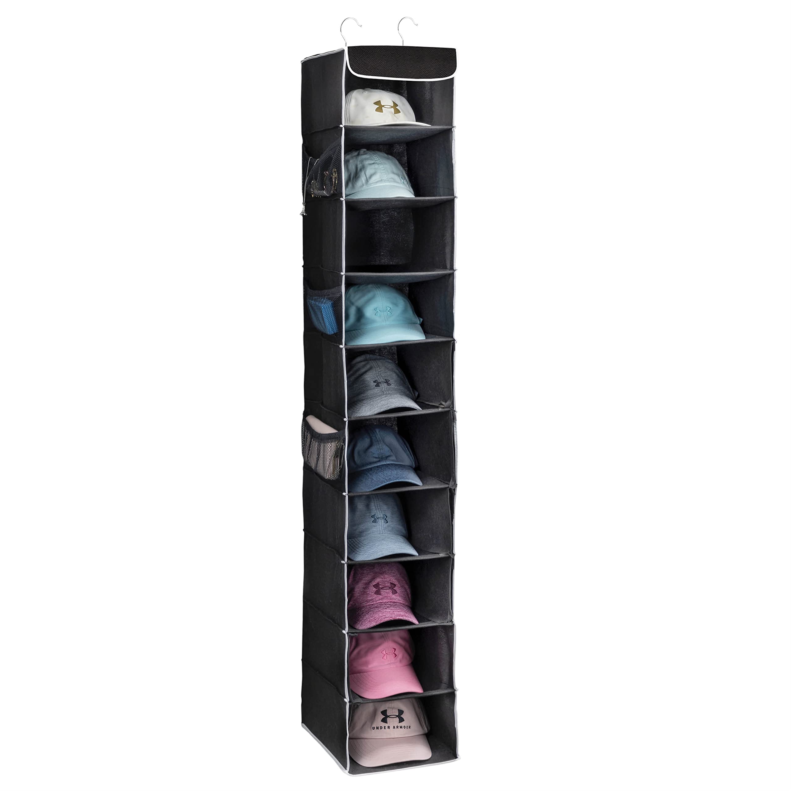 10-Shelf Hat Organizer For Baseball Caps, Side Pockets For Accessories - Hanging Shelf Hat Rack for Hat Storage Etc. Easy Assembly Hanging Cap Organizer - No-Tools Required - Keeps Hats/Caps Protected