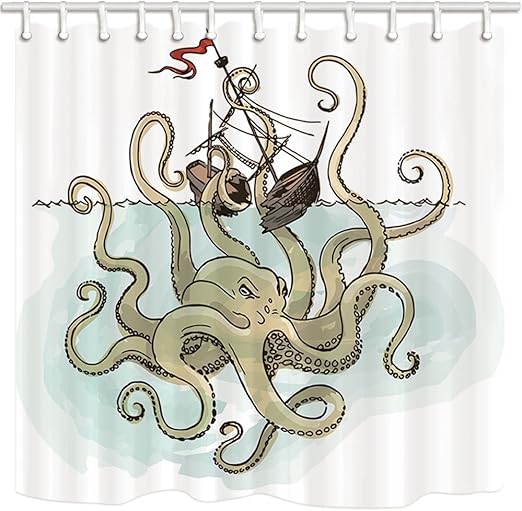 Nyngei Nautische Krake Monster Duschvorhang für Badezimmer, aus Holz