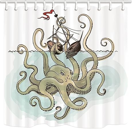 Nyngei Nautische Krake Monster Duschvorhang für Badezimmer, aus Holz