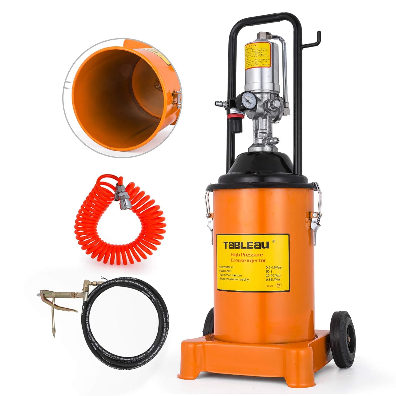 Anhon Bomba de Engrase con Aire a Presión 12 litros Engrasadora Neumática  Profesional 30-40 MPa Móvil Prensa Engrase Taller Presión de La Bomba  Prensa lubricación Naranja Coche y moto Equipamiento de garaje