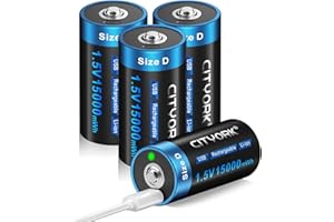 CITYORK 4 Pack D Batteries, 15000mAh USB Rechargeable D Cell Lithium Batteries with 4 in 1 USB-C Cable, 1.5V Constant Output D Size Battery for Flashlights, Remote Controls, Radios,Toys, Clocks