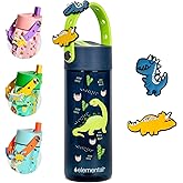 Elemental Water Bottles for Kids - Splash Kids Water Bottle for School with Fun Charm Handle - BPA Free Tritan Plastic Bottle with Straw Leak Proof When Spout is Closed - 18oz - Dinosaur Friends
