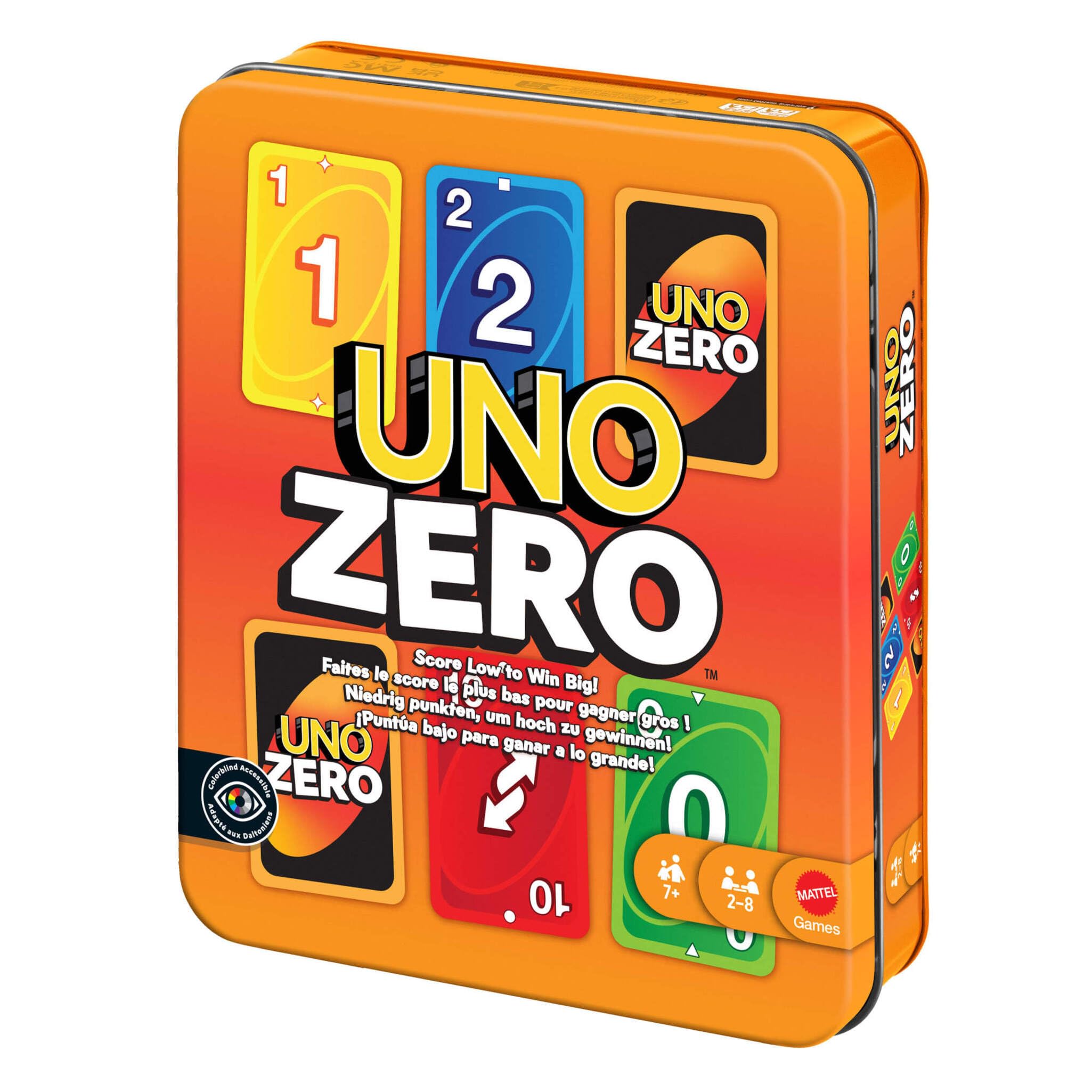 Mattel Games UNO Zero Card Game in Storage & Travel Tin for Kid, Adult & Family Nights & Parties, Includes Deck & Scorecard, 2 to 8 Players Ages 7+ Years, JLK16