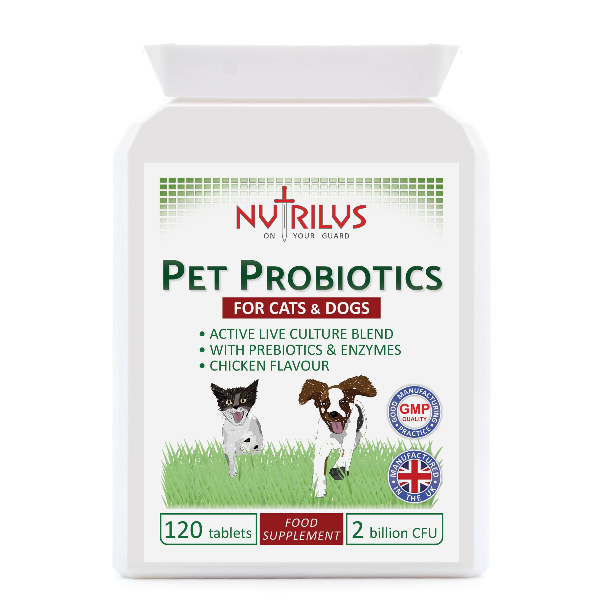 Nutrilus Probiotics For Dogs & Cats - 120 Tablets 2 Billion CFU - For Pets - with Prebiotics & Digestive Enzymes - Chicken Flavour - Gut Bacteria Health - Digestion Support