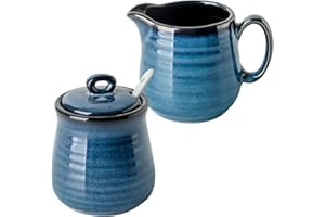 Glowworm Porcelain Sugar and Creamer Set, 11 Ounce Sugar Container, 10 Ounce Cream Pitcher, Farmhouse Coffee Sets for Serving, Dishwasher Safe, Blue