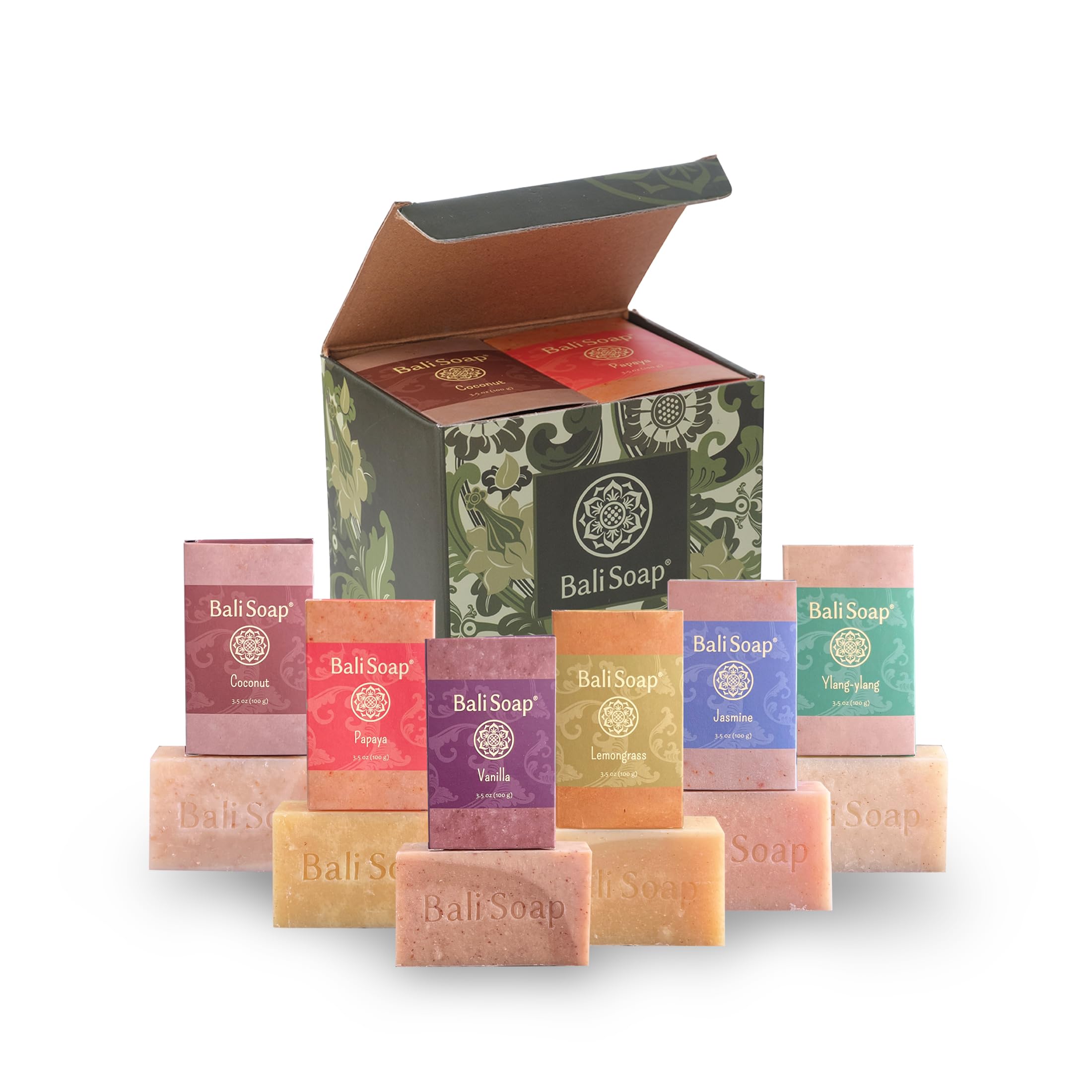 Bali Soap - Green Collection - Natural Soap Bar Gift Set, Face Soap or Body Soap, 6 pc Variety Soap Pack (Coconut, Papaya, Vanilla, Lemongrass, Jasmine, Ylang-Ylang) 3.5 Oz each