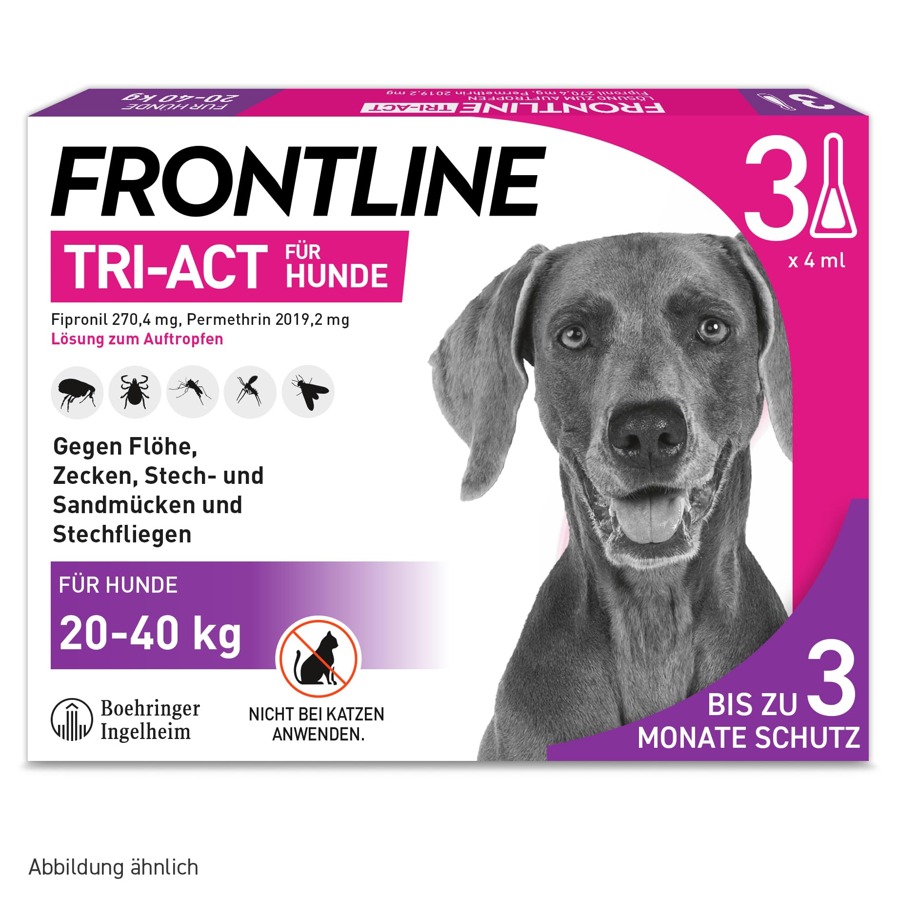 FRONTLINE TRI-ACT Hund L gegen Zecken, Flöhe & Mücken (große Hunde 20 bis 40 kg) - 3X Pipetten für bis zu 3 Monate Schutz - wasserfest - perfekt auf Reisen