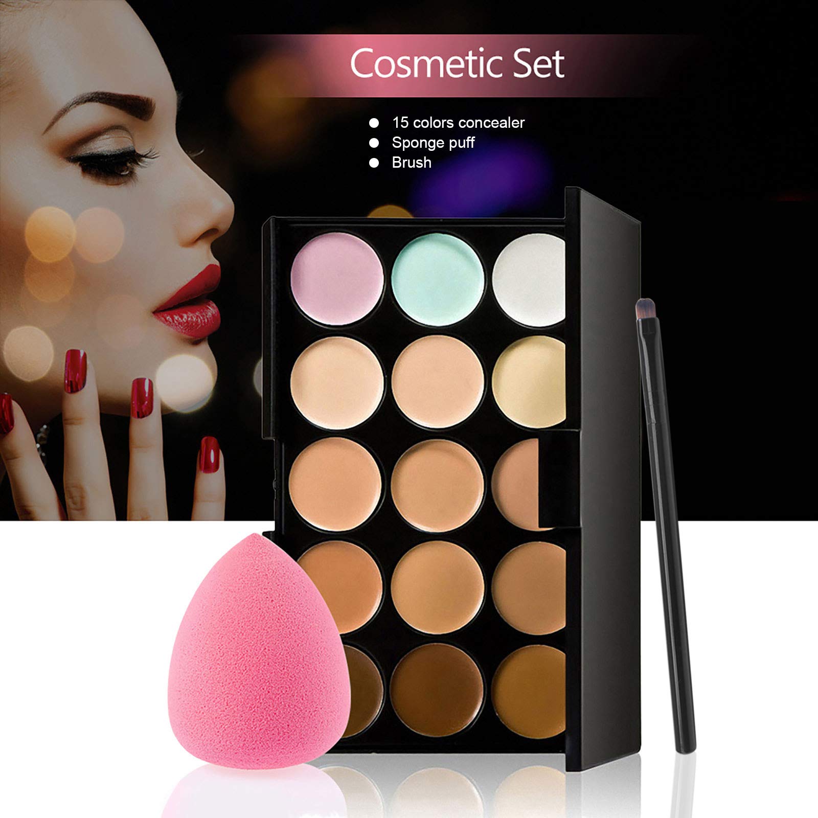 Anself Concealer Palette, 15 Colors Makeup Palette Facial Camouflage Contour Palette with Sponge Puff Oval & Makeup Brush Beauty Make up Cream