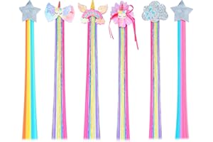 Little World Hair Clips for Girls, 6 Pcs Rainbow Hair Extensions, Unicorn Hair Clips for Girls Toddler Kids Ponytails, Hand-made Cute Glitter Hair Accessories