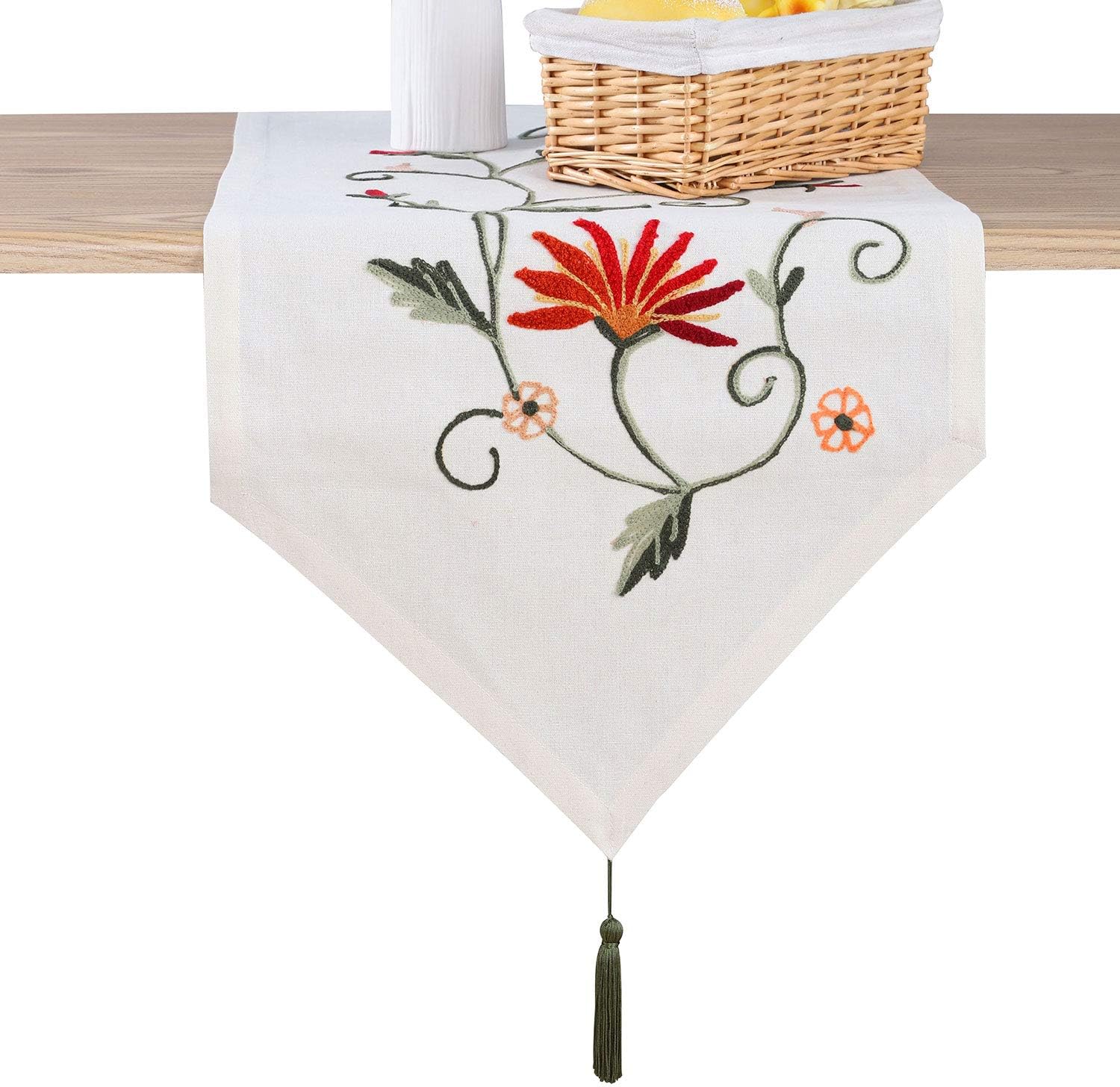 Ethomes Floral Embroidered Linen Cotton Burlap Beige 87 x 16 inches Approx Table Runner with Tassles: Home & Kitchen