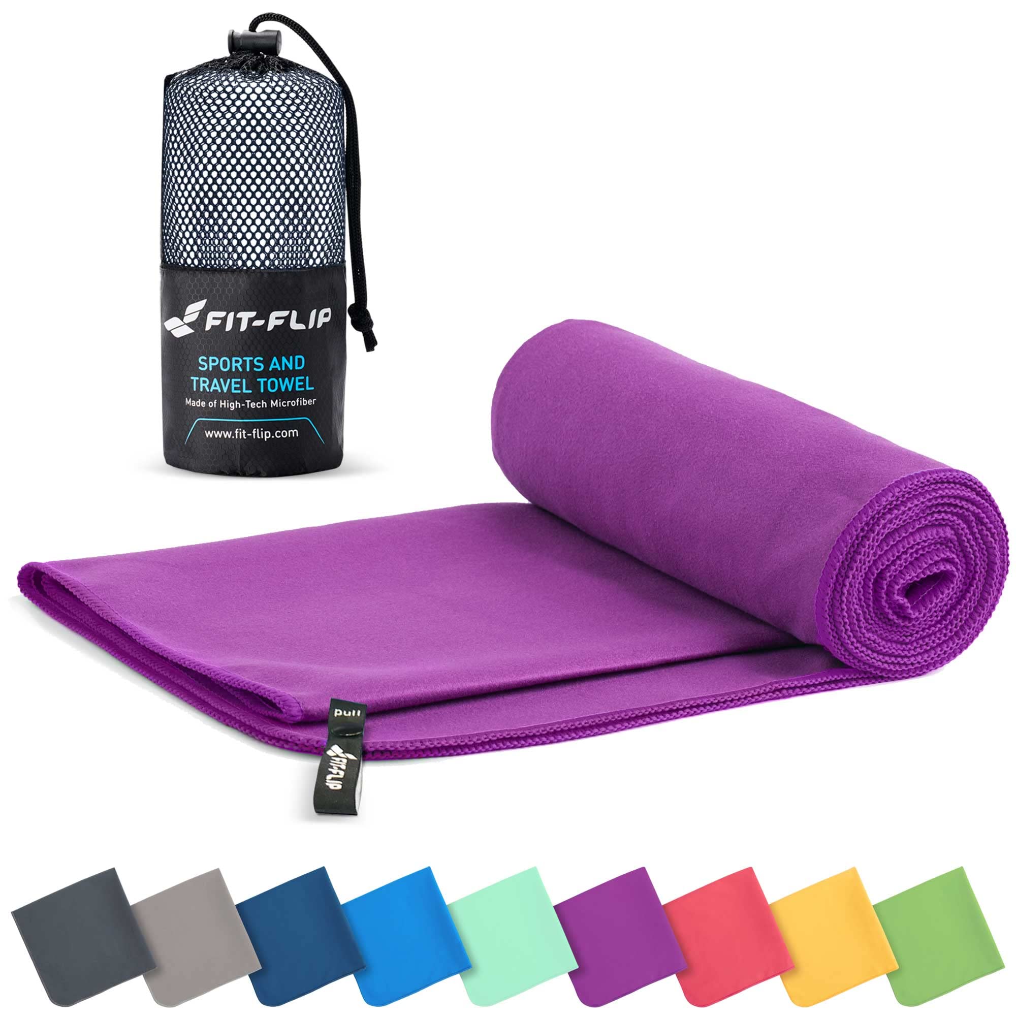 Fit-Flip Microfibre towel - compact, ultra lightweight & quick dry - perfect for gym, travel & beach - swimming towels for sports, camping & hiking (1x 40x80cm purple + bag)