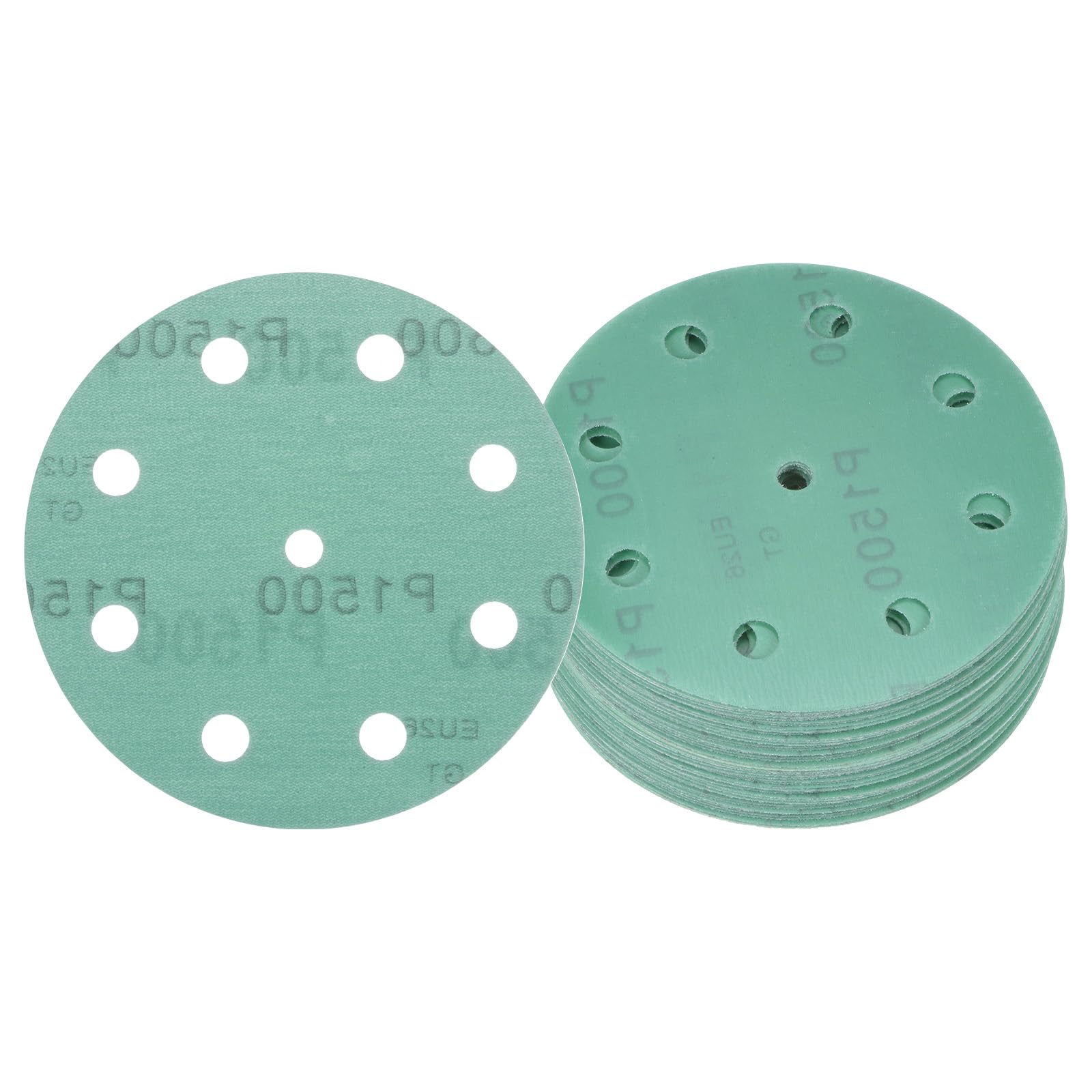 Kozelo 50pcs Green Film Sanding Discs - [5 Inch 1500 Grits 9 Hole ] Round Aluminum Oxide Hook & Loop Wet Dry Sander Pads for Wood Metal Polishing Use| Zirconium Corundum Sandpaper