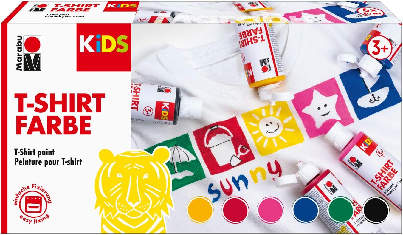 Marabu 0308000000001 - Kids T-Shirt Farbe, 6 x 80 ml, Stoffmalfarbe für Kinder, für kreative Designs auf hellen Textilien, nach Fixierung waschbeständig bis 60 °C, ideal für Kinder