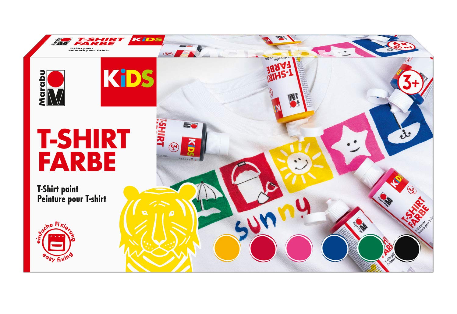 Marabu 0308000000001 - Kids T-Shirt Colour, 6 x 80 ml, Fabric Paint for Children, for Creative Designs on Light Textiles, Washable up to 60 °C, Ideal for Children