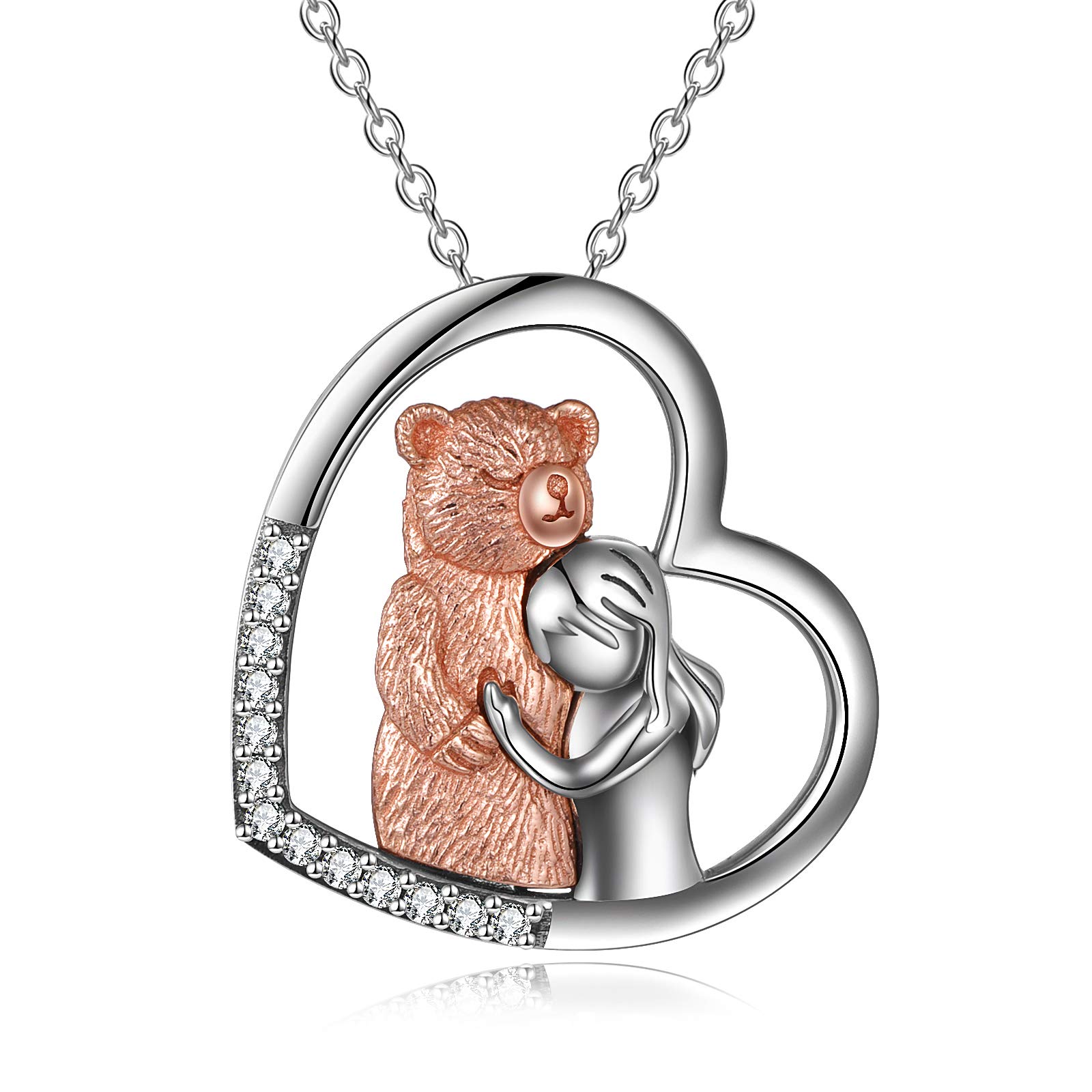 YFN Bear Necklace Sterling Silver Bear and Girl Pendant cute animal Jewellery Gifts for Mother Daughter Couple Women Girls