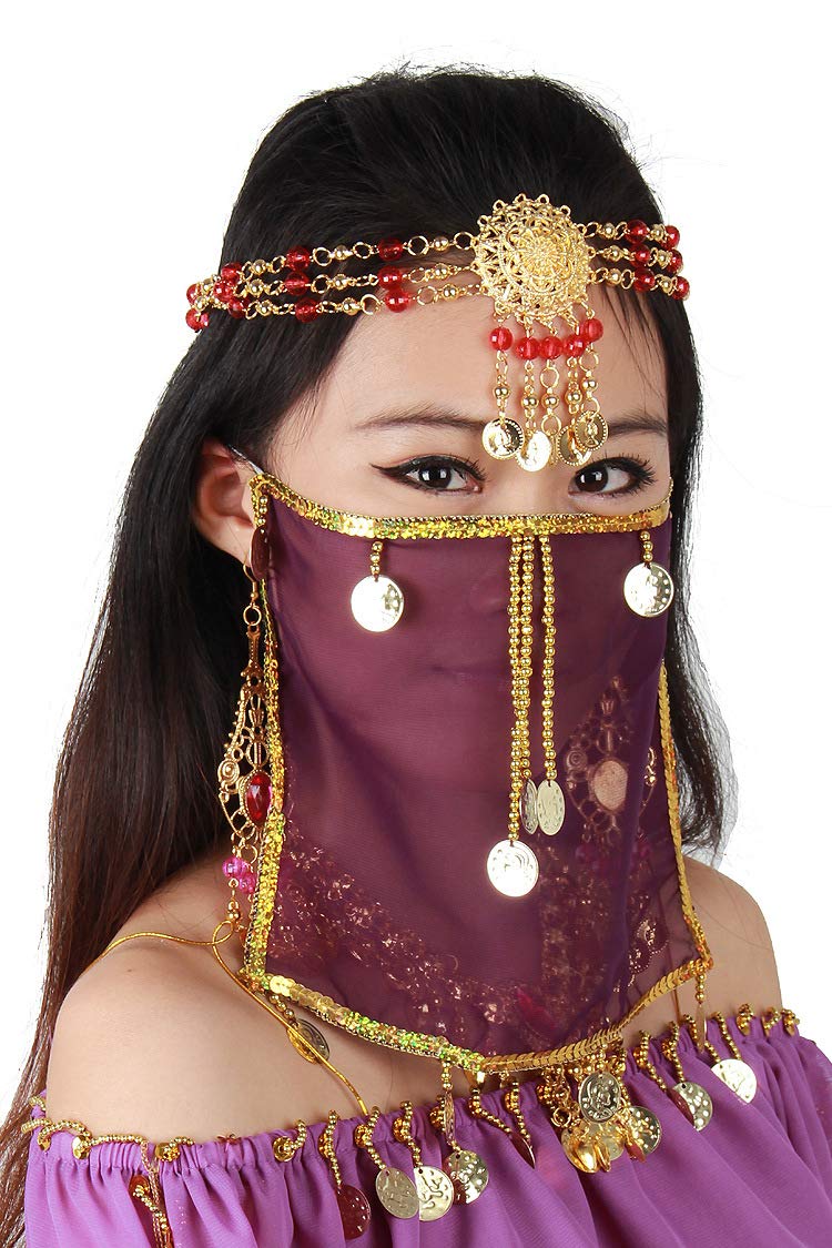 Grouptap Silk belly dance sexy face veil mask costume womens girls Arabian Turkish outfits with gold jewelry tie (Purple)