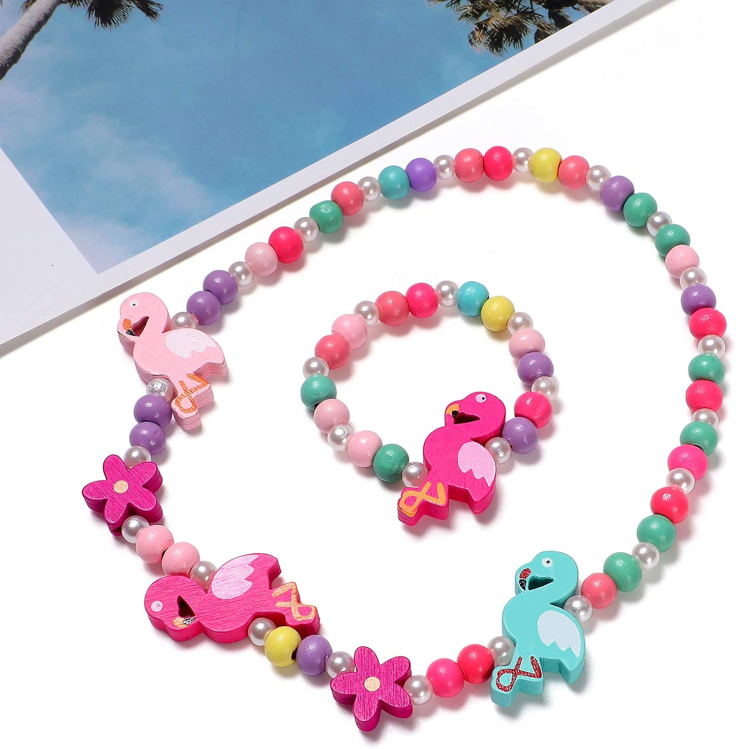 10 Sets Beaded Necklace and Bracelets for Girls Unicorn Mermaid Rainbow Animal Pendant Colorful Wooden Beads Princess Necklace Dress Up Pretend Play Jewelry Set Party Favor Gifts for Toddlers Kids: Clothing
