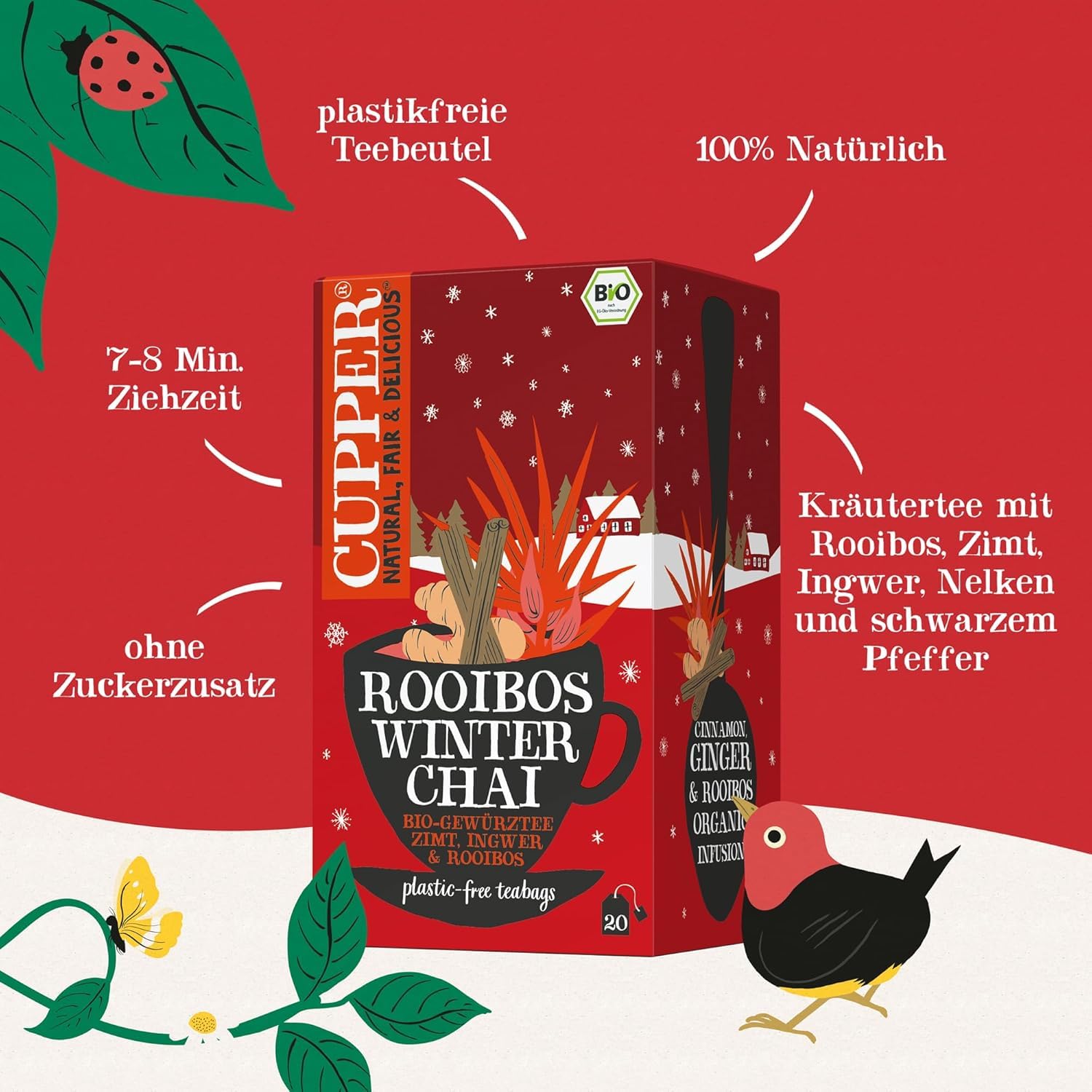 Cupper Bio Tee Set "Wintertees", Tee Geschenkset, Früchtetee, Kräutertee, drei verschiedene Sorten, 60 ungebleichte, plastikfreie Teebeutel, 3er Pack 6